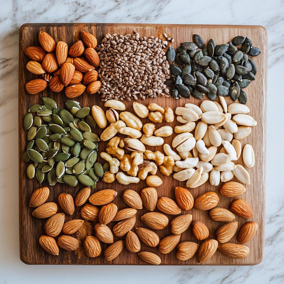 Nutty and seedy nuts on a wooden cutting board photo