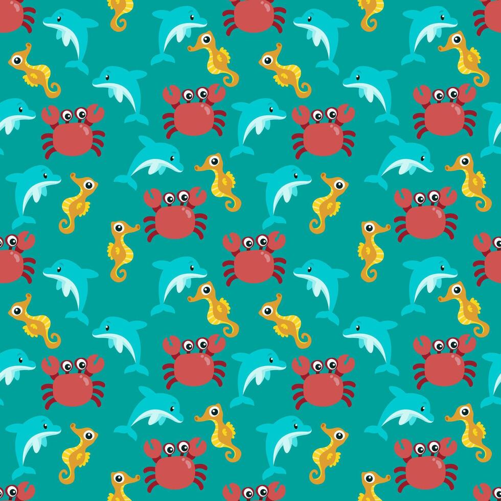 Seamless pattern with sea life design on turquoise background. vector