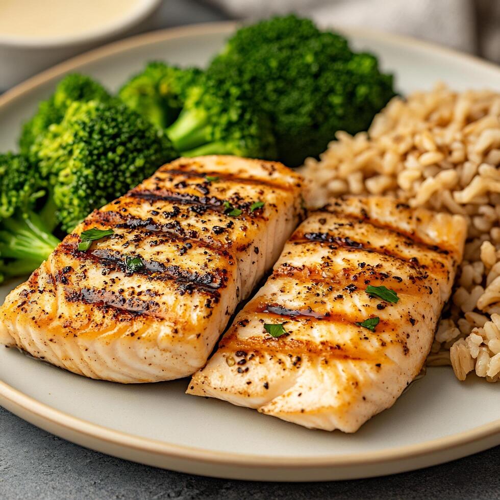 Grilled salmon and brown rice on a plate photo