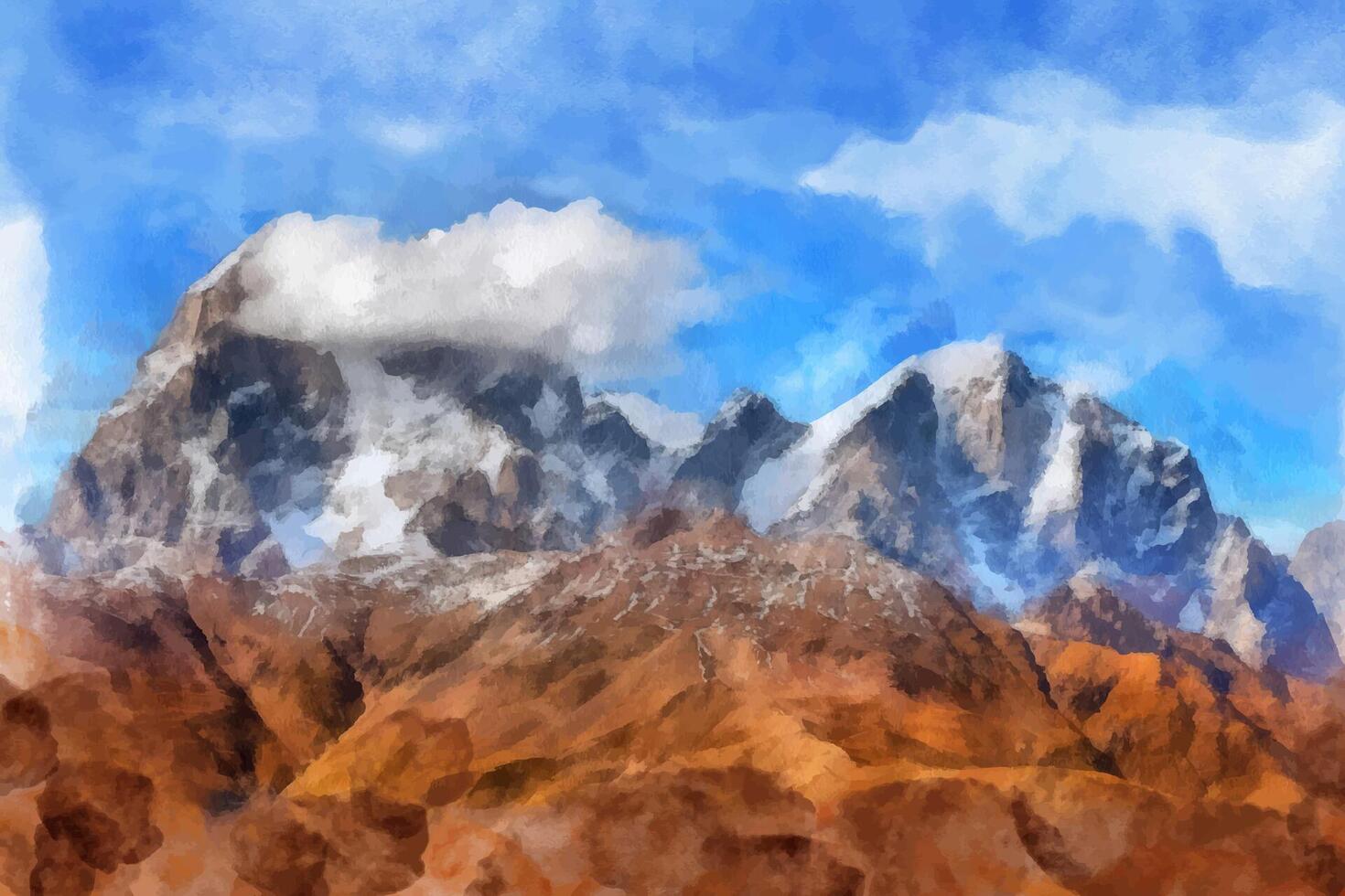 Digital painting of a mountain landscape with snow-capped peaks and rocky terrain. vector