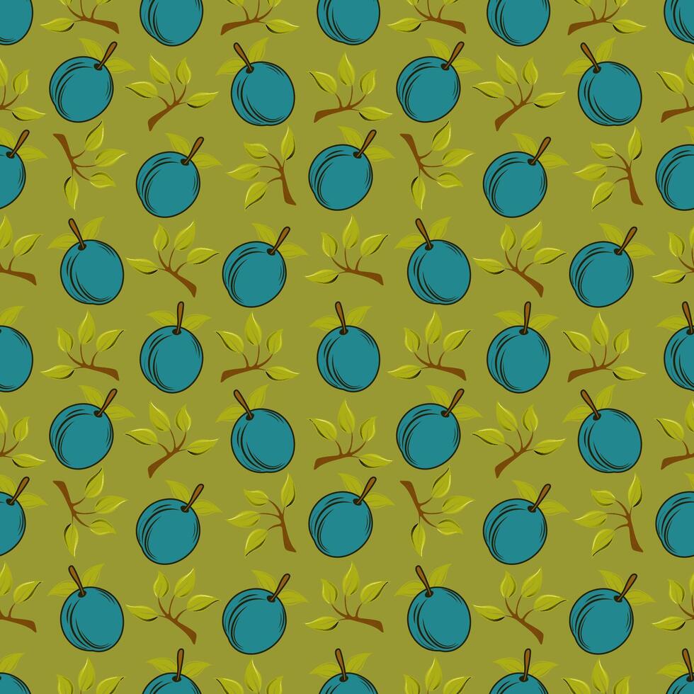 Seamless pattern with the image of plum and twigs on a green background. vector