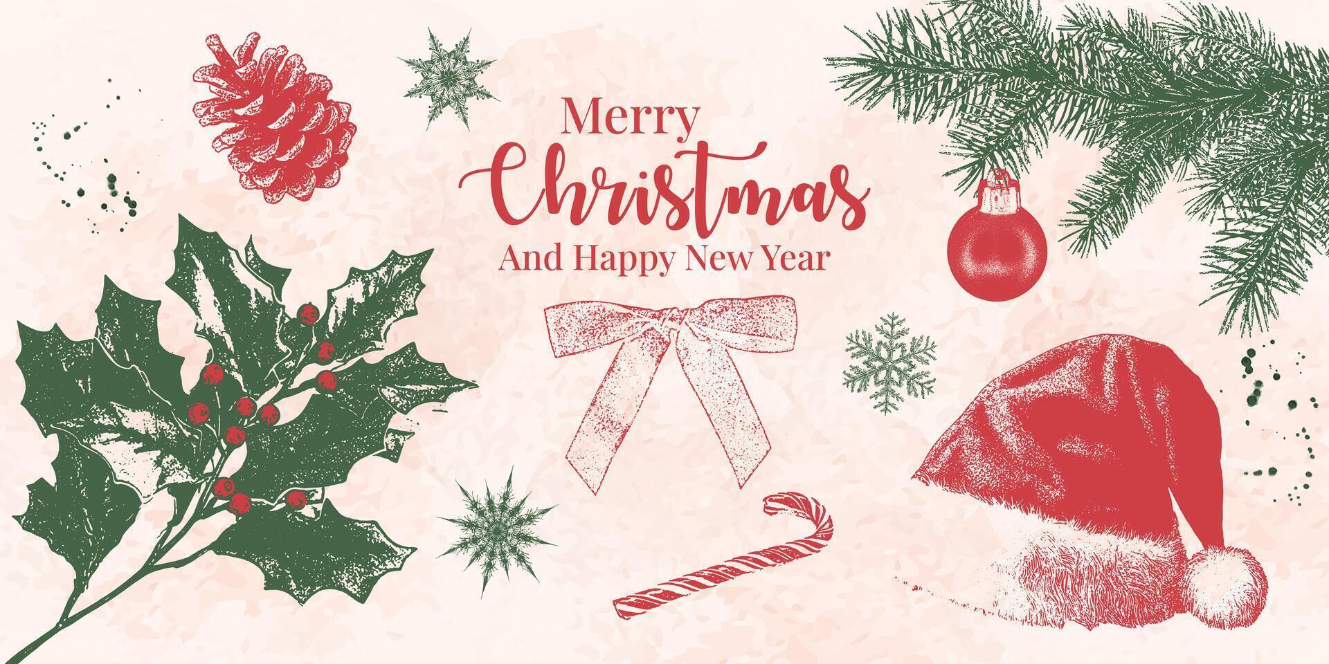 Christmas sticker set in vintage style. Festive photocopy elements like holly leaves, Santa hat, pine cone, candy cane, snowflake. Ideal for holiday cards, gift wrapping, seasonal decor, social media. vector