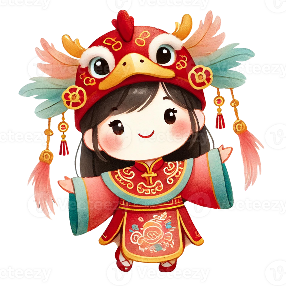 Cute girl in traditional costume with dragon hat, Chinese New Year png