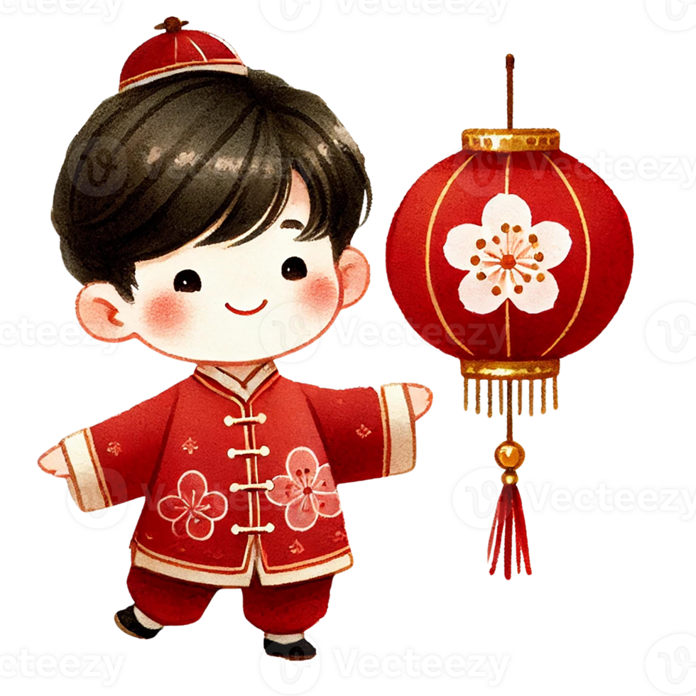 Cute child in traditional attire holding a red lantern Chinese New Year png
