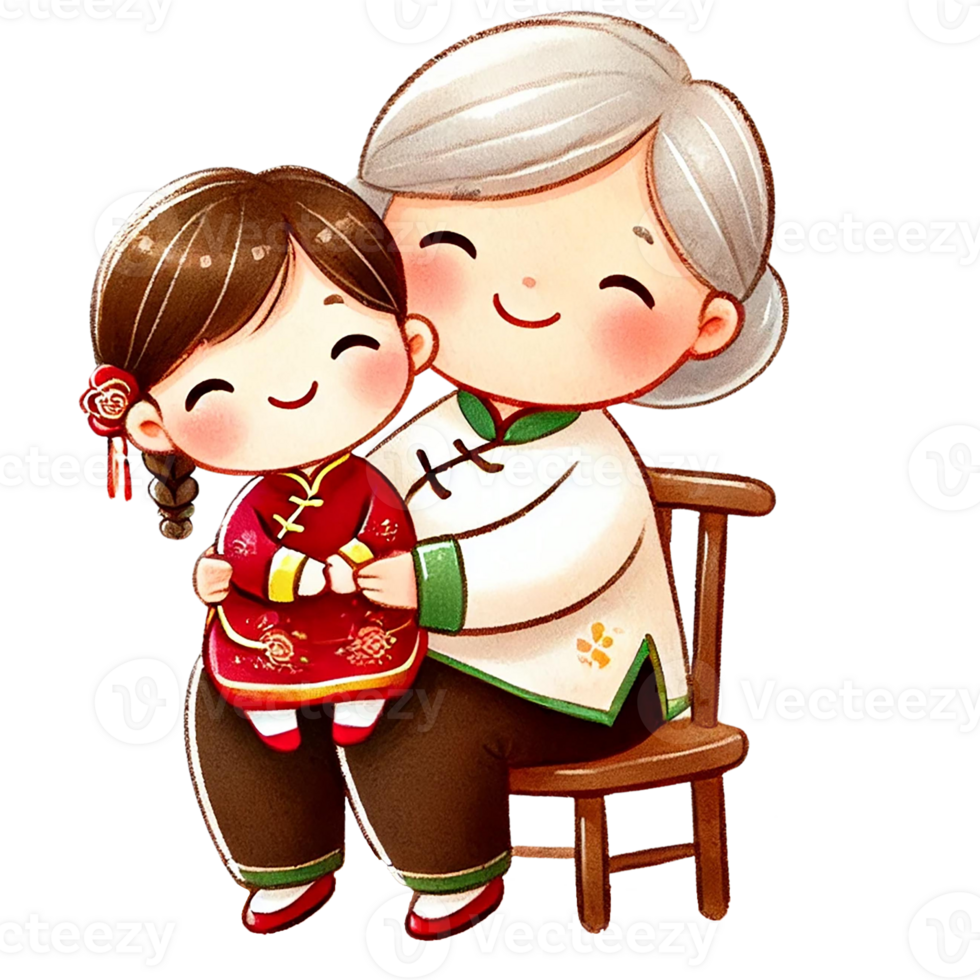 Cute grandmother and granddaughter embracing, colorful illustration, Chinese New Year png