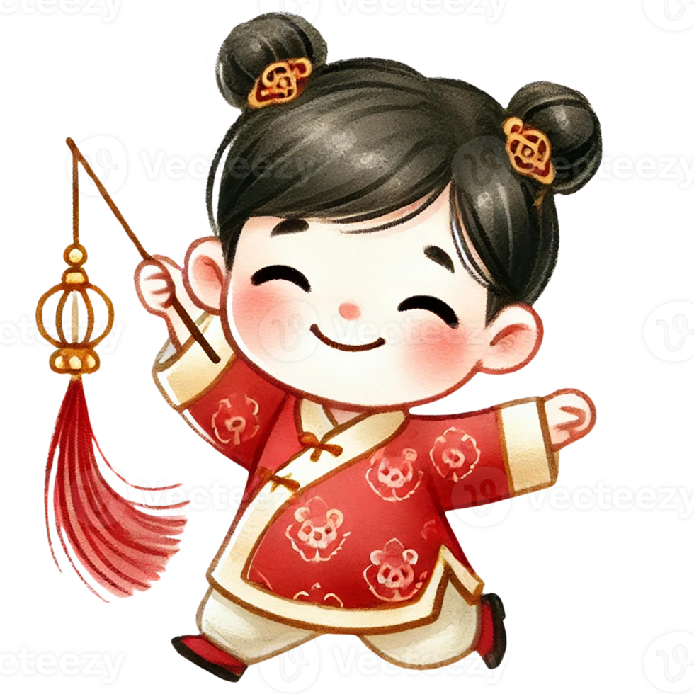 Happy child in traditional red attire holding a lantern. Chinese New Year png