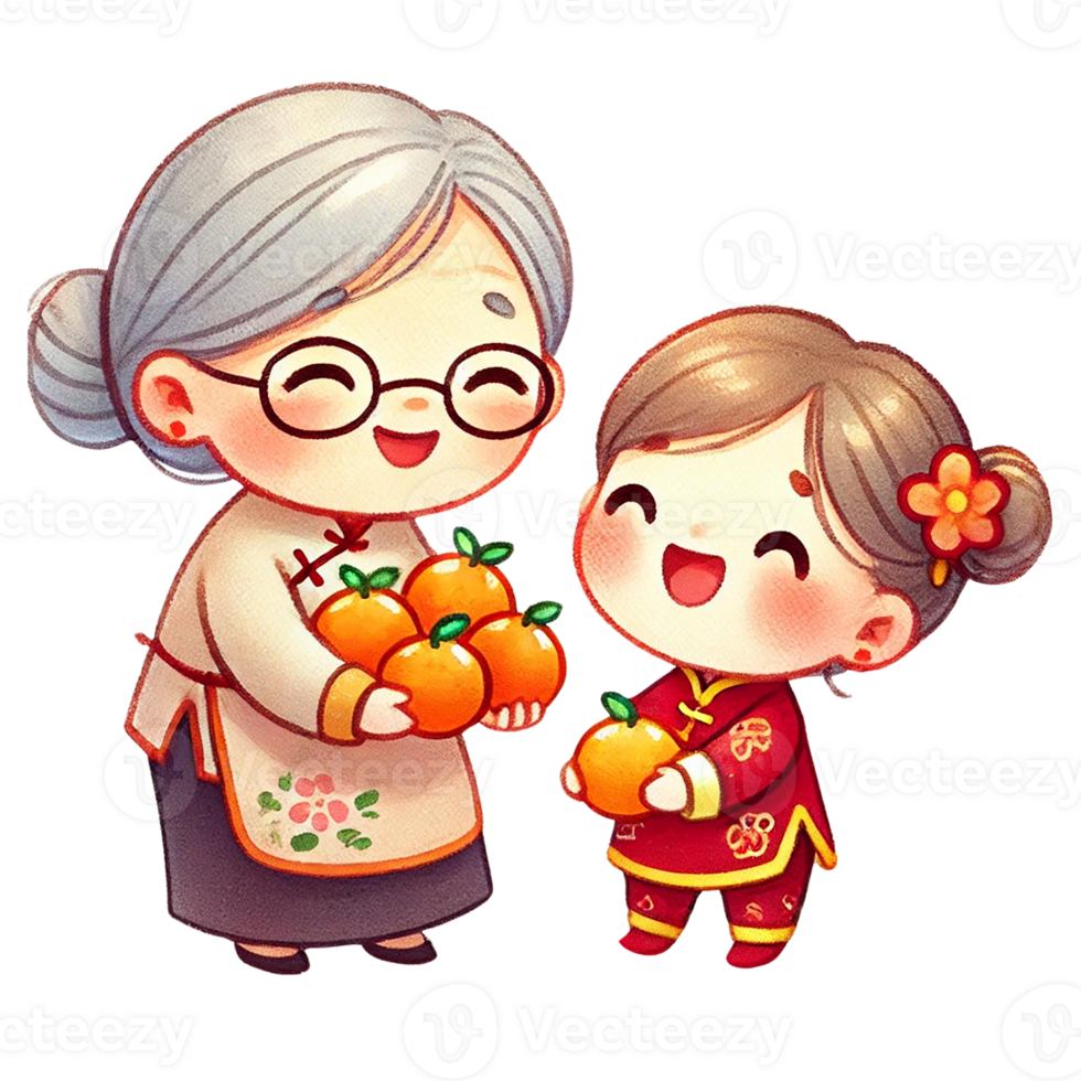 Grandmother and granddaughter happily sharing oranges, colorful cartoon style. Chinese New Year png
