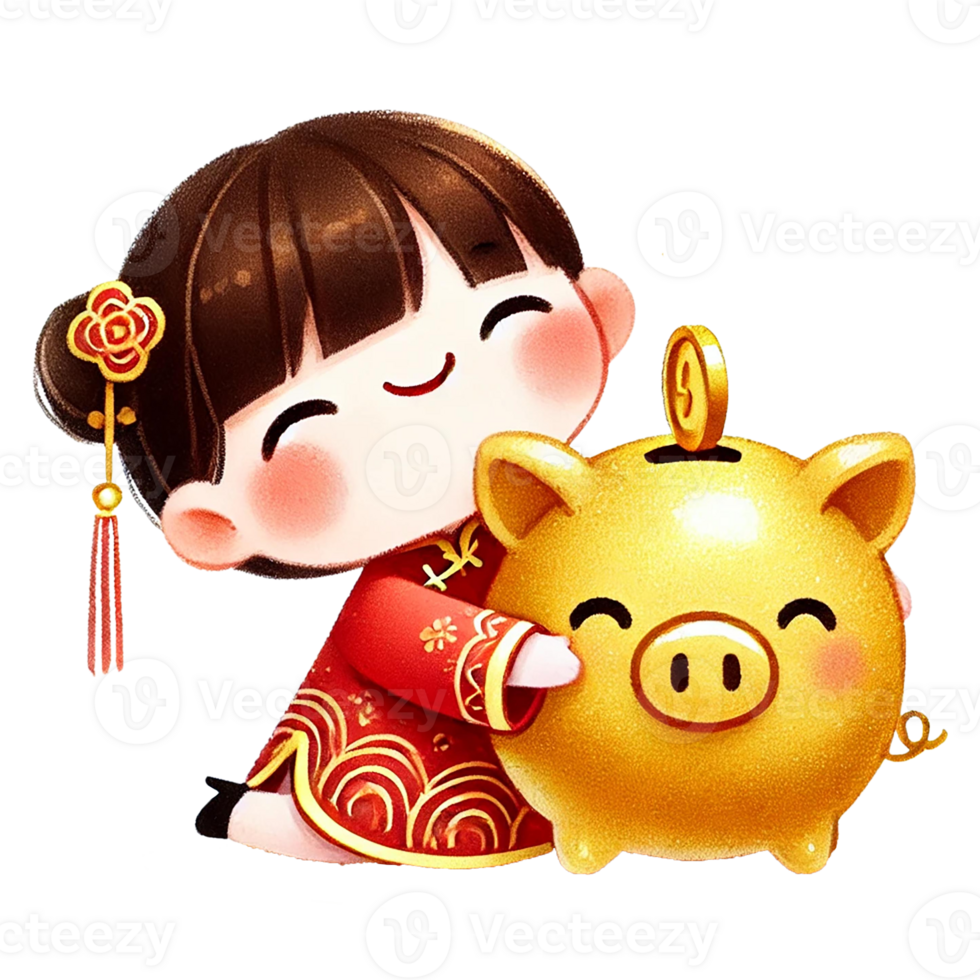 Happy child with a golden piggy bank, celebrating prosperity, Chinese New Year png