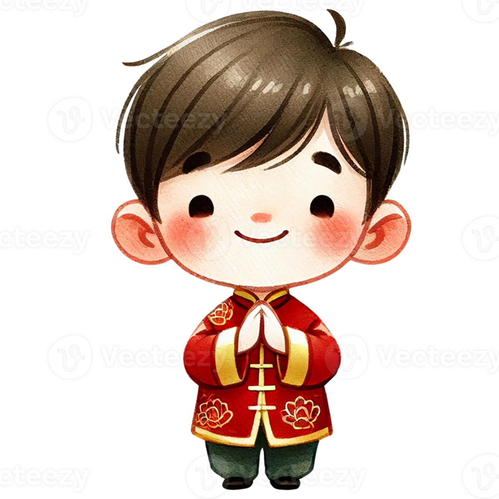 Charming cartoon boy in traditional attire, hands together with joyful expression. Chinese New Year png