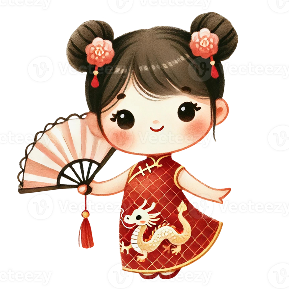 Cute girl in traditional dress holding a fan, Chinese New Year png
