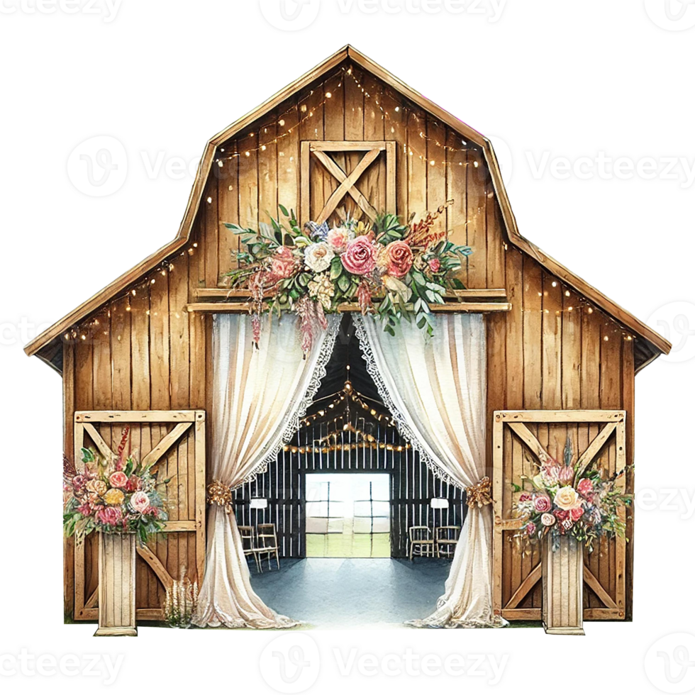 Rustic barn entrance with floral decorations png