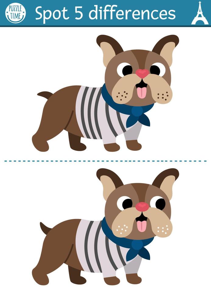 Find differences game for children. Educational activity with cute poodle. Puzzle for kids with funny French animal character, dog. Printable worksheet or page with France symbol vector
