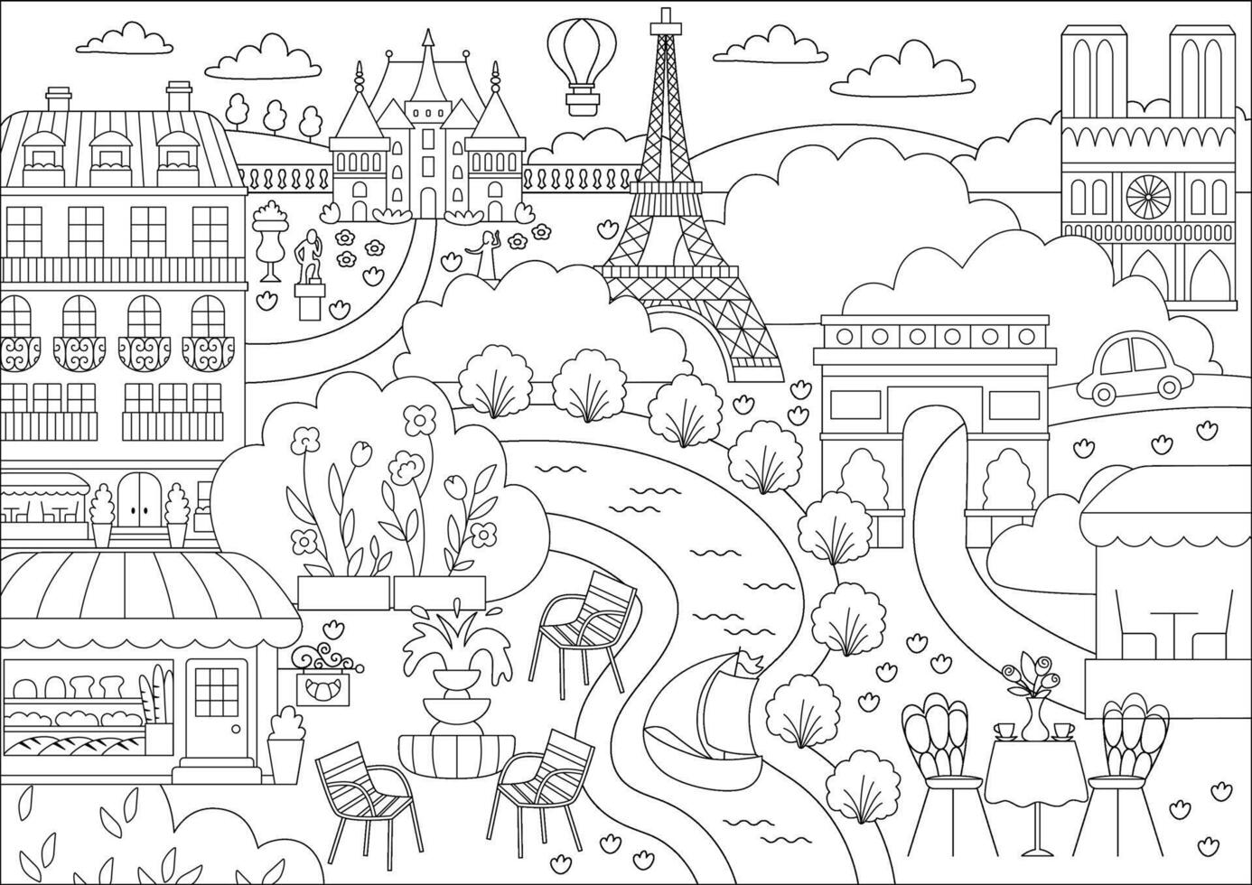 Paris black and white landscape illustration. French capital city scene with sights, buildings, Eiffel tower, bakery. Cute France line background with river, field, park, castle, palace, chairs vector