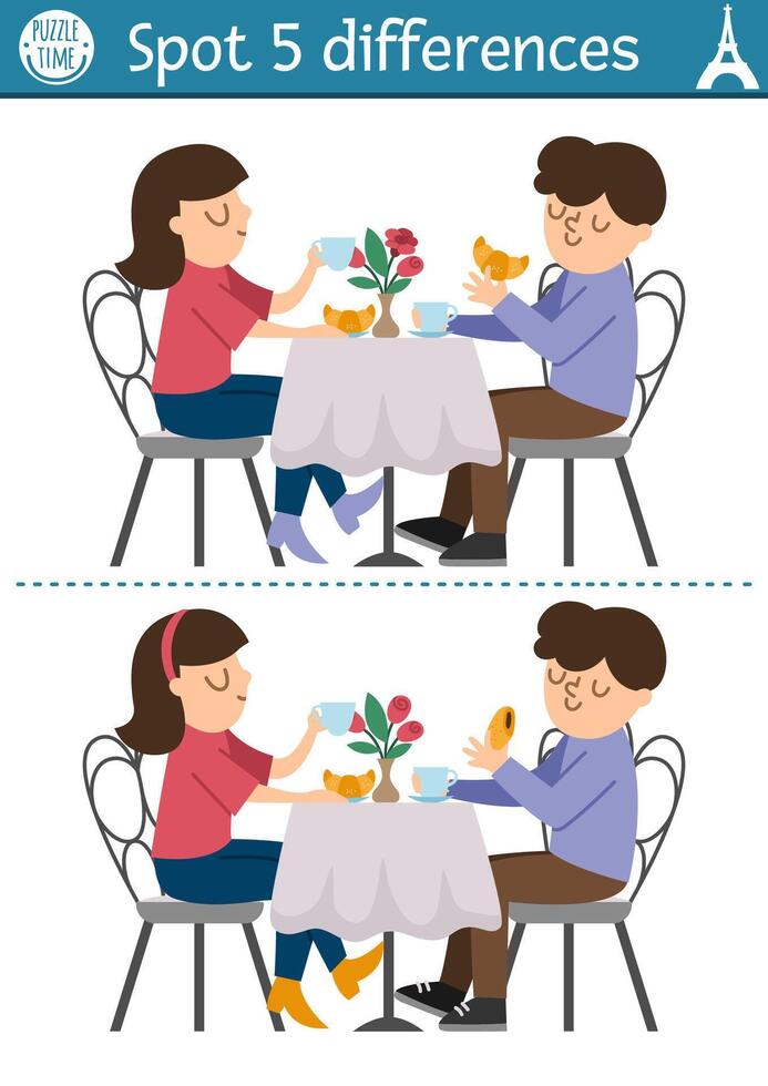 Find differences game for children. Educational activity with cute pair drinking tea with croissants. Puzzle for kids with funny French characters. Printable worksheet or page with France symbol vector