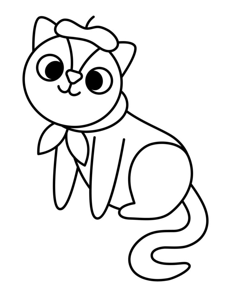 Sitting cat in beret and scarf. Black and white domestic animal illustration. Cute character line icon or coloring page. French symbol picture vector