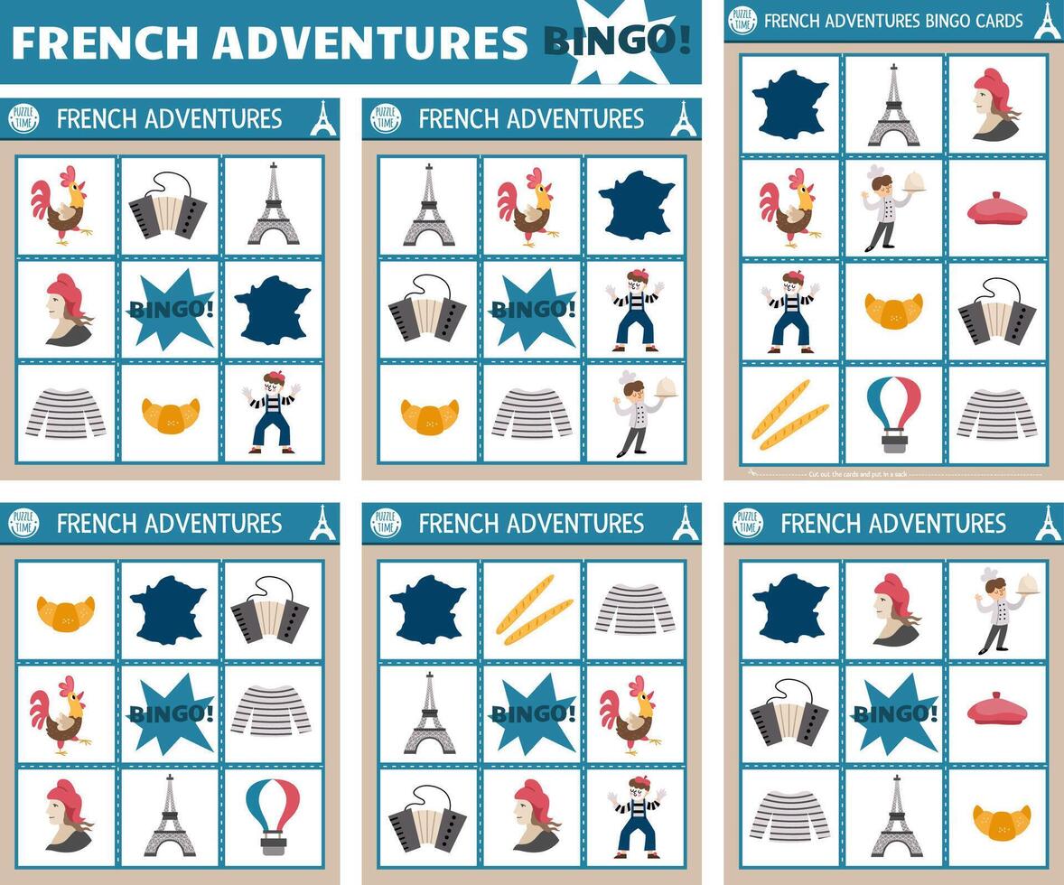 French bingo cards set. Fun lotto board game with cute Eiffel Tower, croissant, baguette for kids. Lottery activity with symbols of France. Simple educational printable worksheet. vector