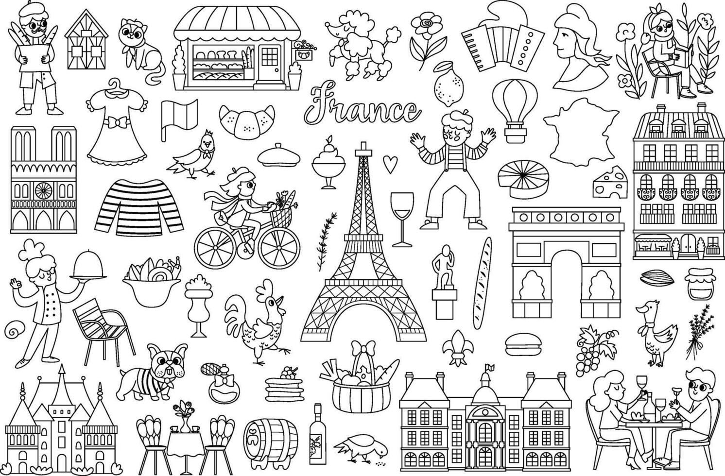 France symbols set. Big black and white collection with French sights, food, Eiffel tower, people, baguette, croissant. Cute Paris line icons with palaces, castle, mime, macaroon, Marianne vector