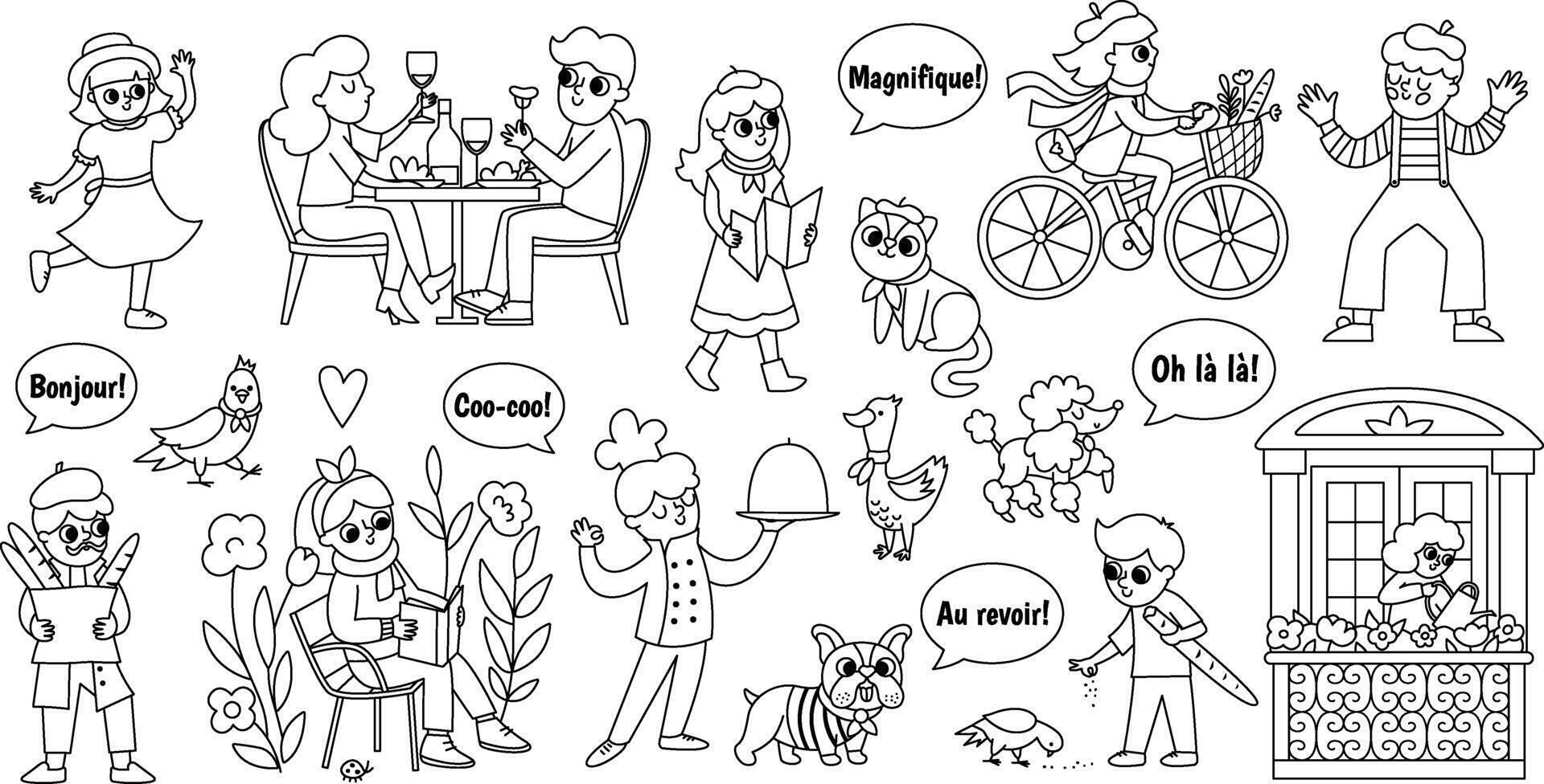 French people and animals set. Black and white collection with woman reading book, cook, man with baguette, pair drinking wine, mime, girl riding a bike. Cute France line icons vector