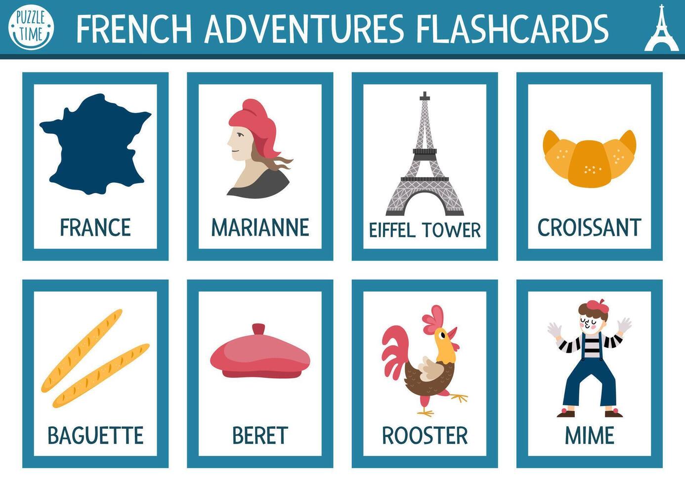 French flash cards set. English language game with cute Eiffel Tower, croissant, baguette for kids. Flashcards with traditional symbols of France. Simple educational printable worksheet. vector
