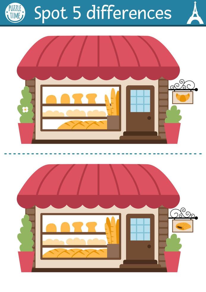Find differences game for children. Educational activity with cute bakery, croissant, baguette. Puzzle for kids with funny French bread shop. Printable worksheet or page with France symbol vector