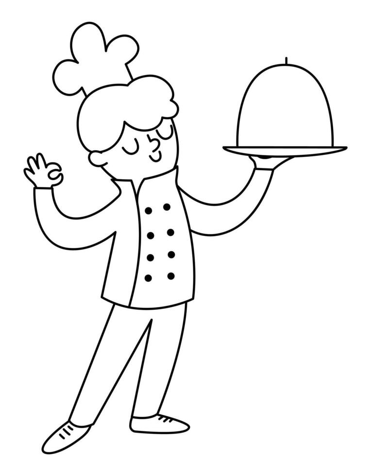 Black and white cook in hat and tunic standing with tasty dish covered by closhe. line chef illustration. Cute character icon or coloring page vector