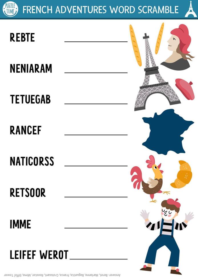 French word scramble activity page. English language game with Eiffel Tower, croissant, baguette for kids. Family quiz with traditional symbols of France. Educational printable worksheet. vector