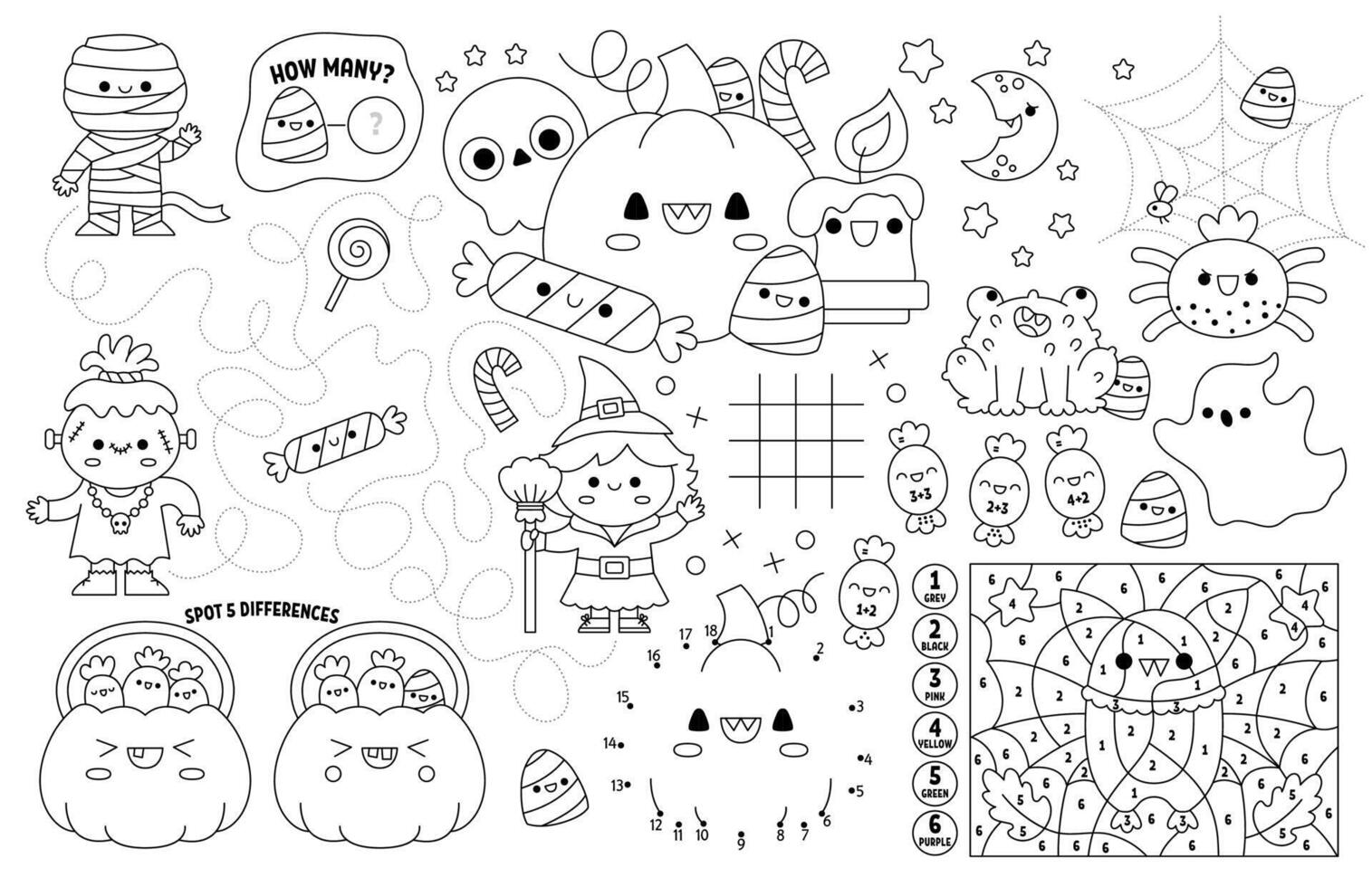 kawaii Halloween placemat for kids. Fall holiday printable activity mat with maze, tic tac toe chart, connect the dots, find difference. Black and white autumn play mat or coloring page vector