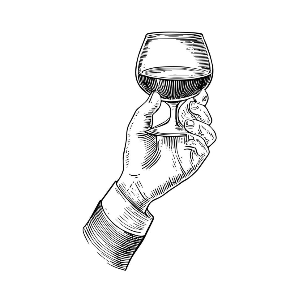 Hand Holding Elegant Glass, Hand-Drawn , Graphic Style, Cartoon Illustration, Black and White, Sketch Style, Isolated on White Background vector