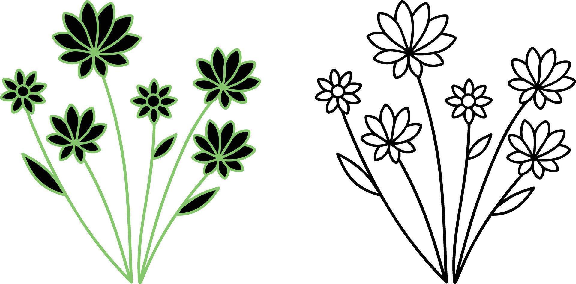 Simple Flower Bouquet Illustration Outline and Filled vector