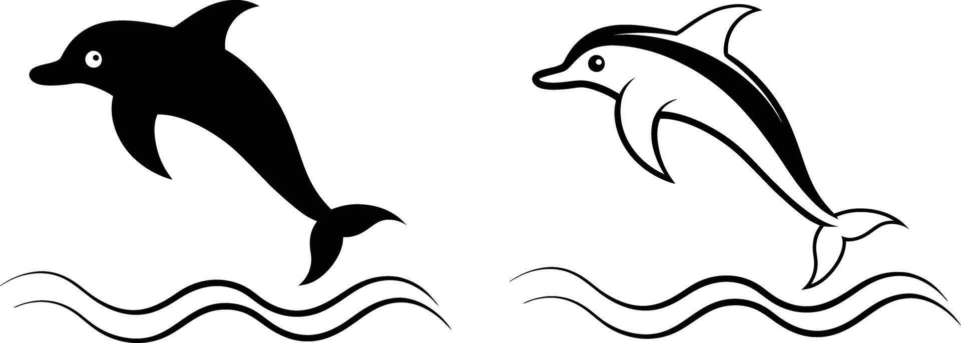 Two Dolphin Silhouettes Leaping Through Waves vector