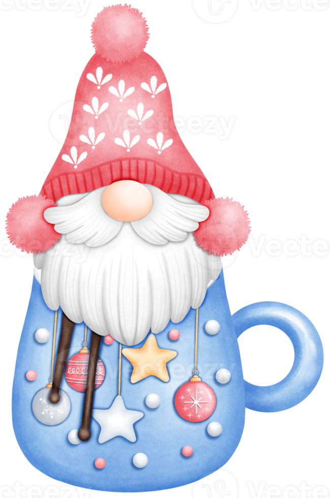 Cute Watercolor Christmas Gnome and blue mug Illustration. png