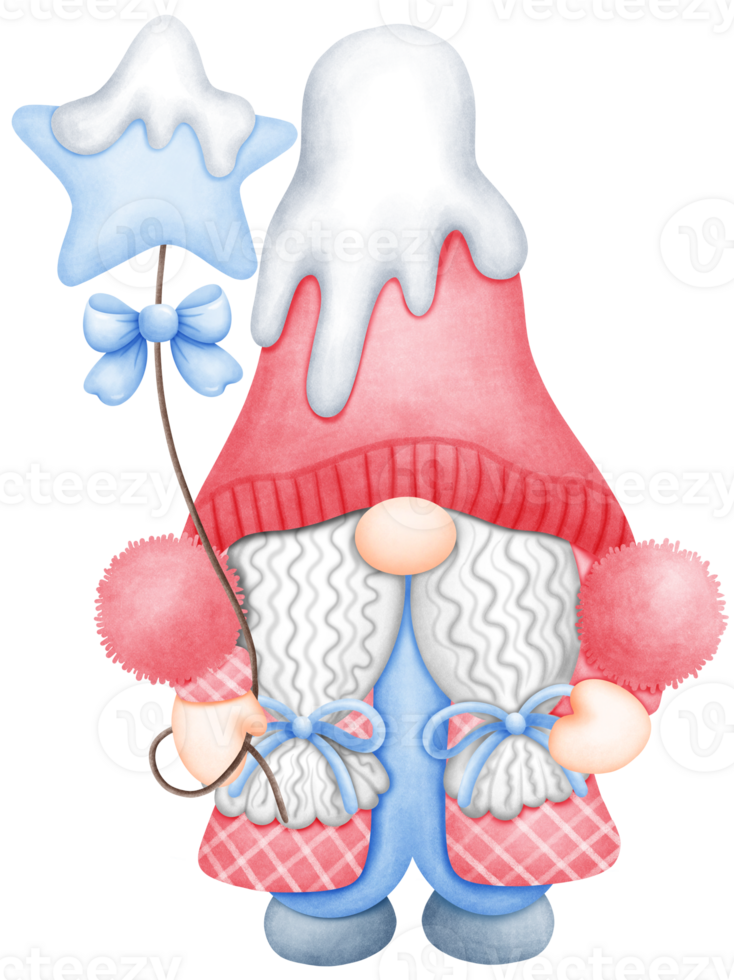 Cute Watercolor Christmas Gnome with star and snow Illustration. Hand Drawn Christmas Character with Whimsy png