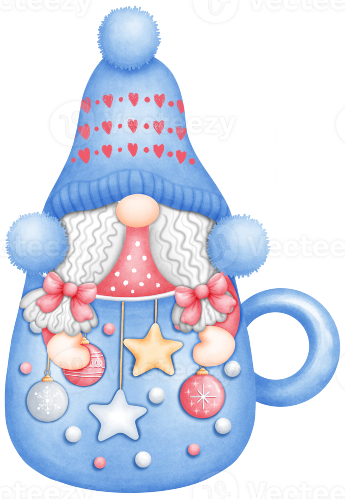 Adorable Festive Gnome and blue mug Art for Holiday Decor. png