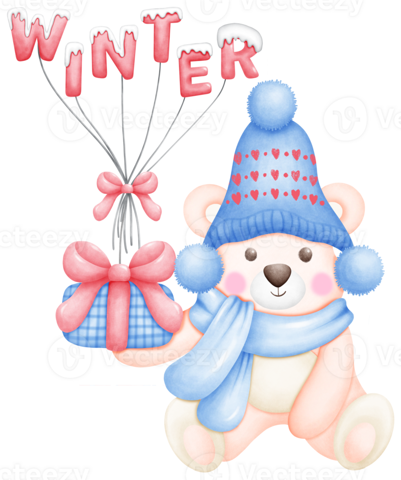 Cute Watercolor Christmas Bear Illustration. Adorable Holiday Bear Art with blue hat ang gift for Festive Decor. Hand Drawn Christmas Animal with Holiday Cheer. png