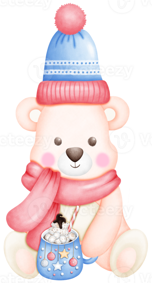 Cute Watercolor Christmas Bear Illustration. Adorable Holiday Bear Art with blue mug for Festive Decor. Hand Drawn Christmas Animal with Holiday Cheer. png