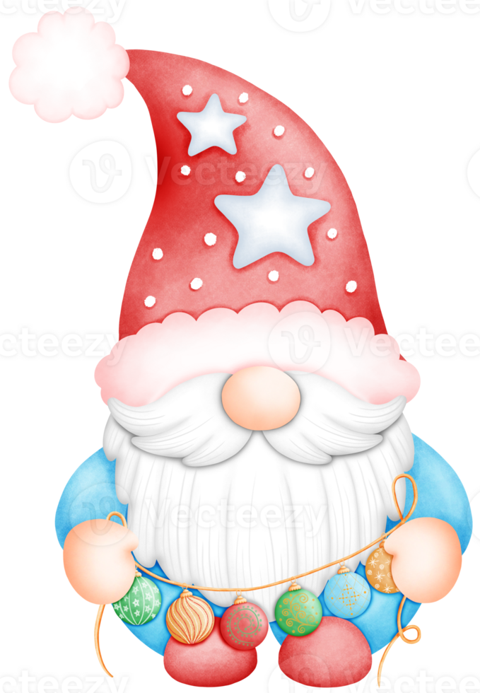 Cute Watercolor Christmas Gnome with blue shirt and balloon Illustration. Adorable Festive Gnome Art for Holiday Decor. Hand Drawn Christmas Character with Whimsy png