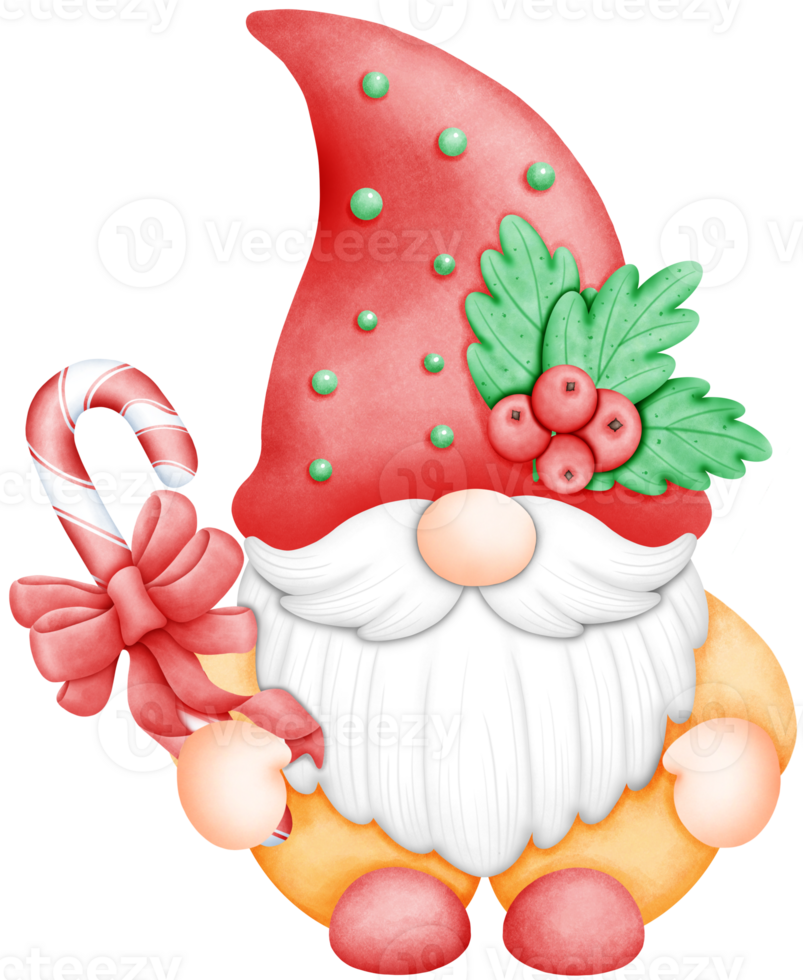 Cute Watercolor Christmas Gnome with candy cane Illustration. Adorable Festive Gnome Art for Holiday Decor. Hand Drawn Christmas Character with Whimsy png