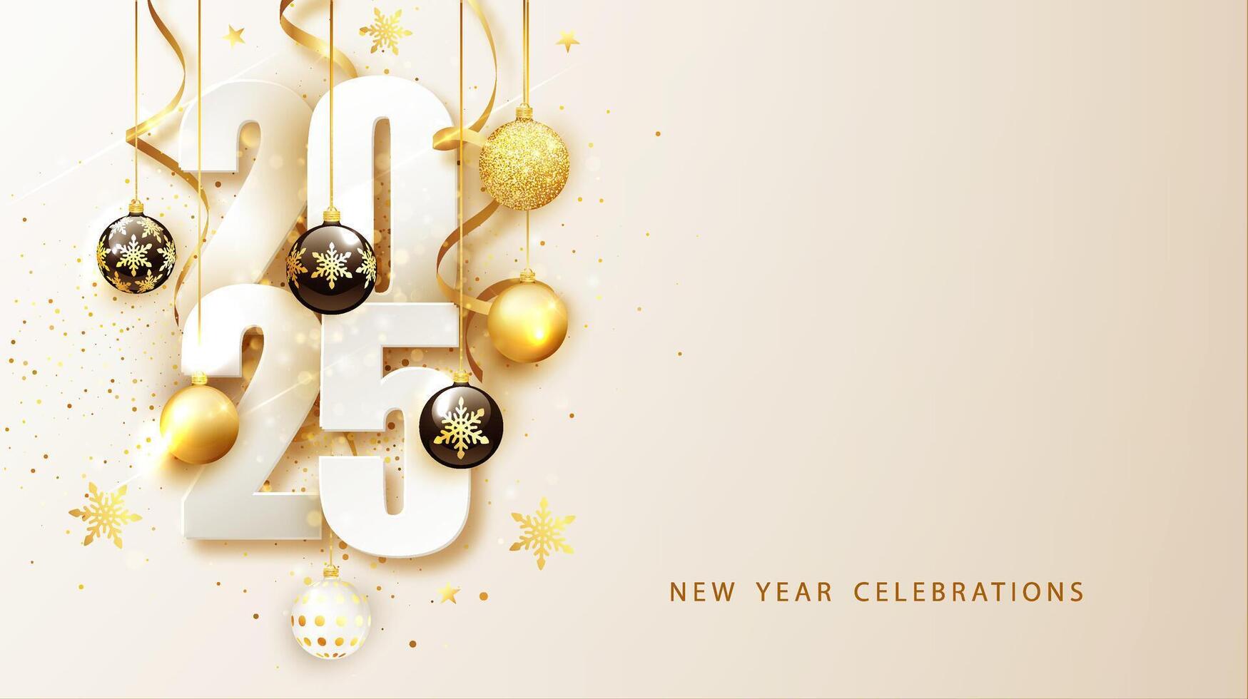 Happy new year 2025. Festive design with Christmas decorations, balls, streamer and garlands vector