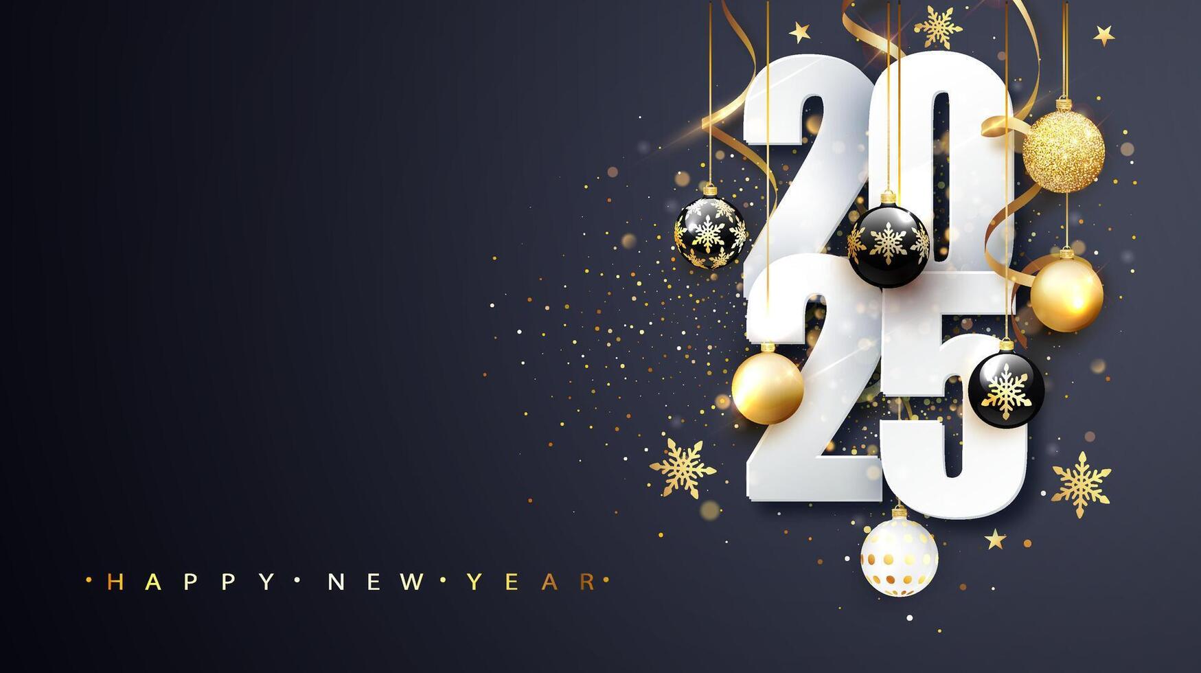 Happy New Year 2025 white paper numbers with Christmas decoration and confetti on dark blue background vector