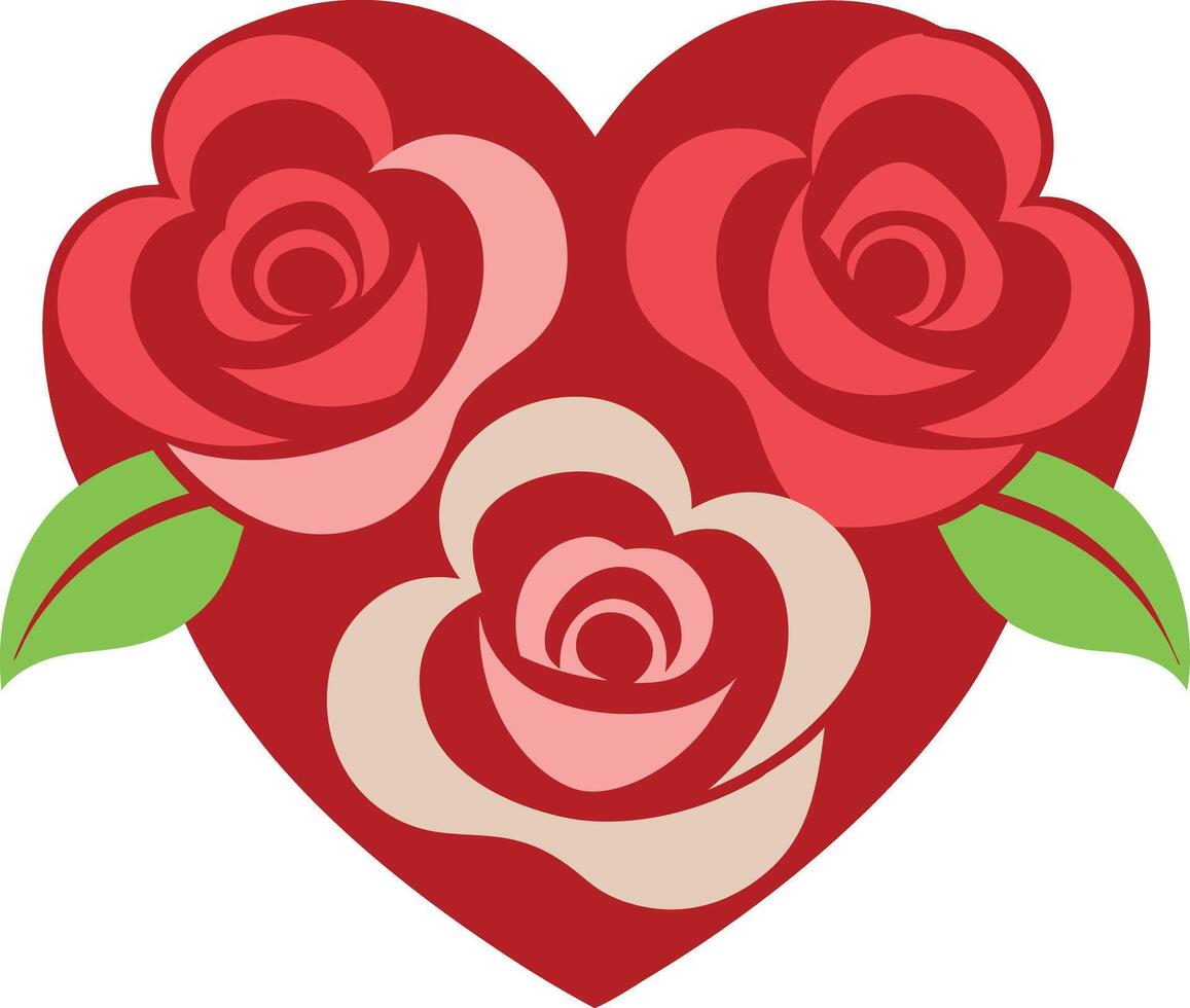 A red heart shape with three roses, two red and one pink, with green leaves on each side. vector