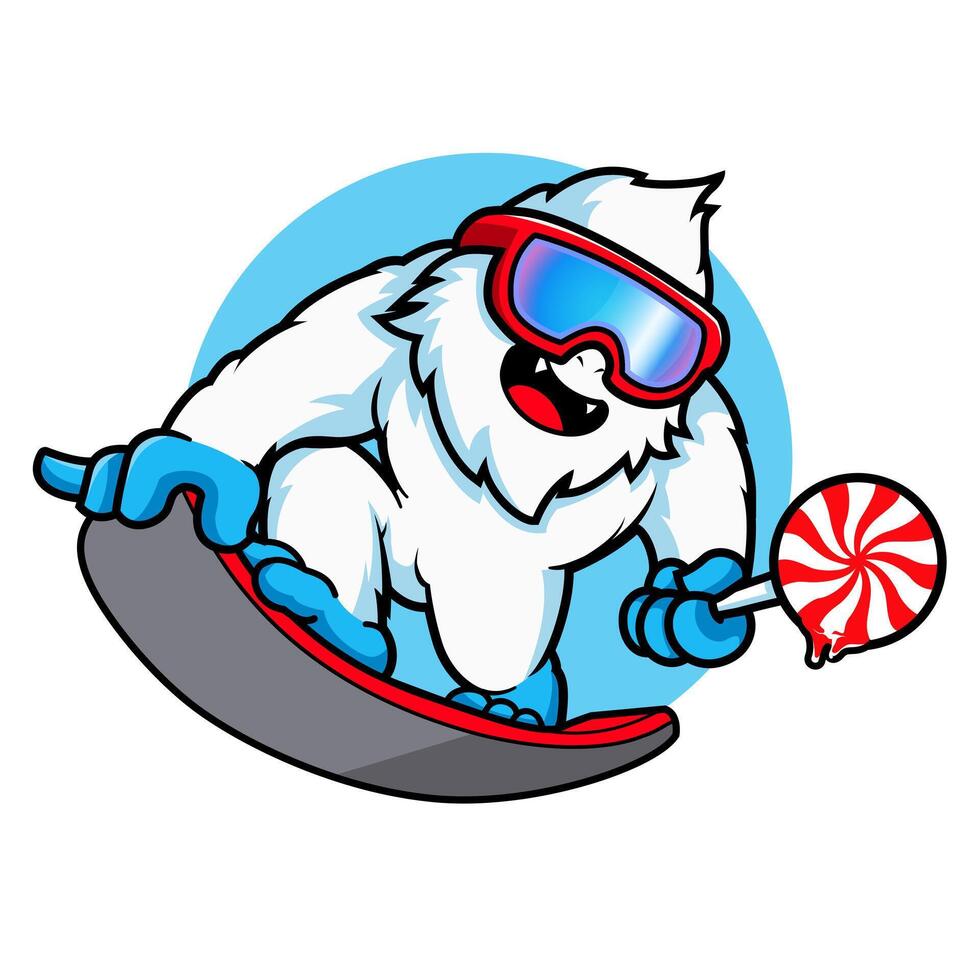 mascot illustration of Yeti Snowboarding bring candy vector
