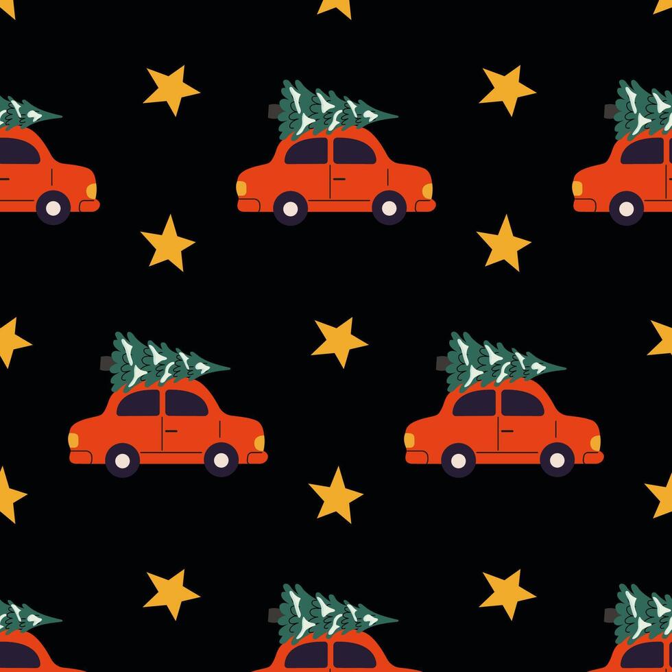 Festive pattern of orange cars with Christmas trees on rooftops against a starry background vector