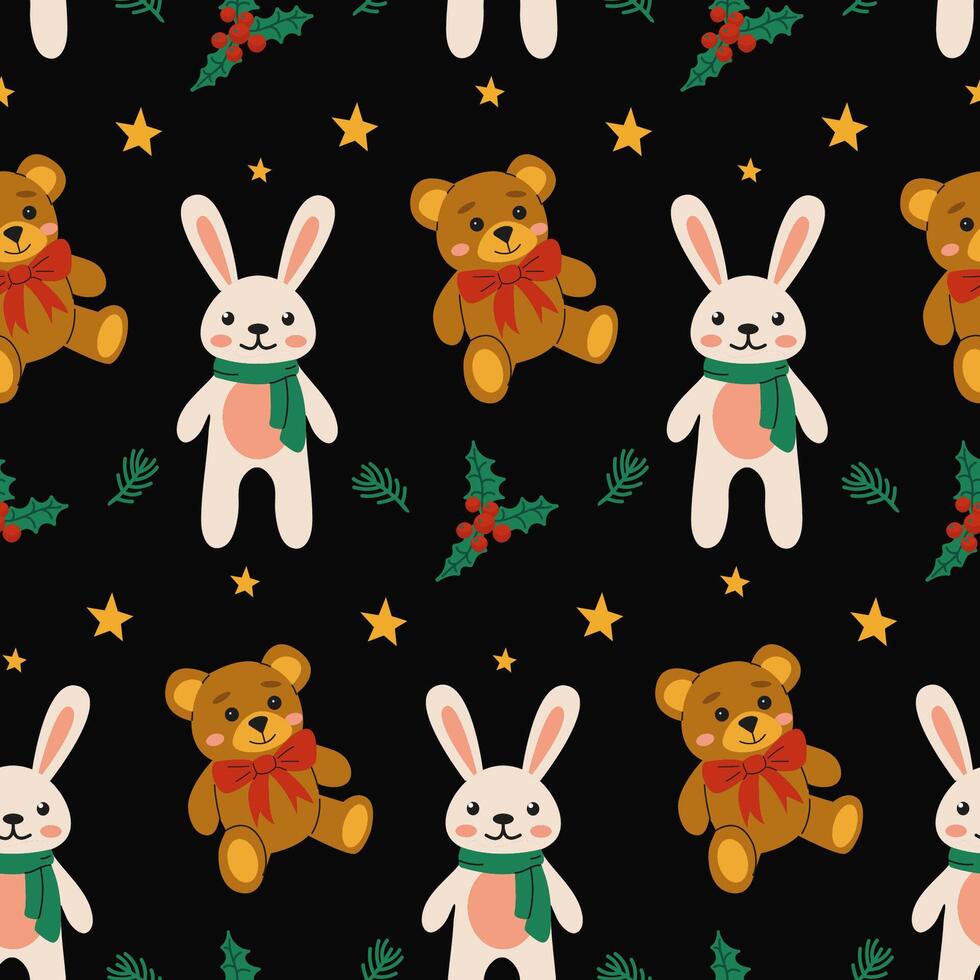 Cute patterned illustration of bunnies and bears among festive elements on a dark background vector