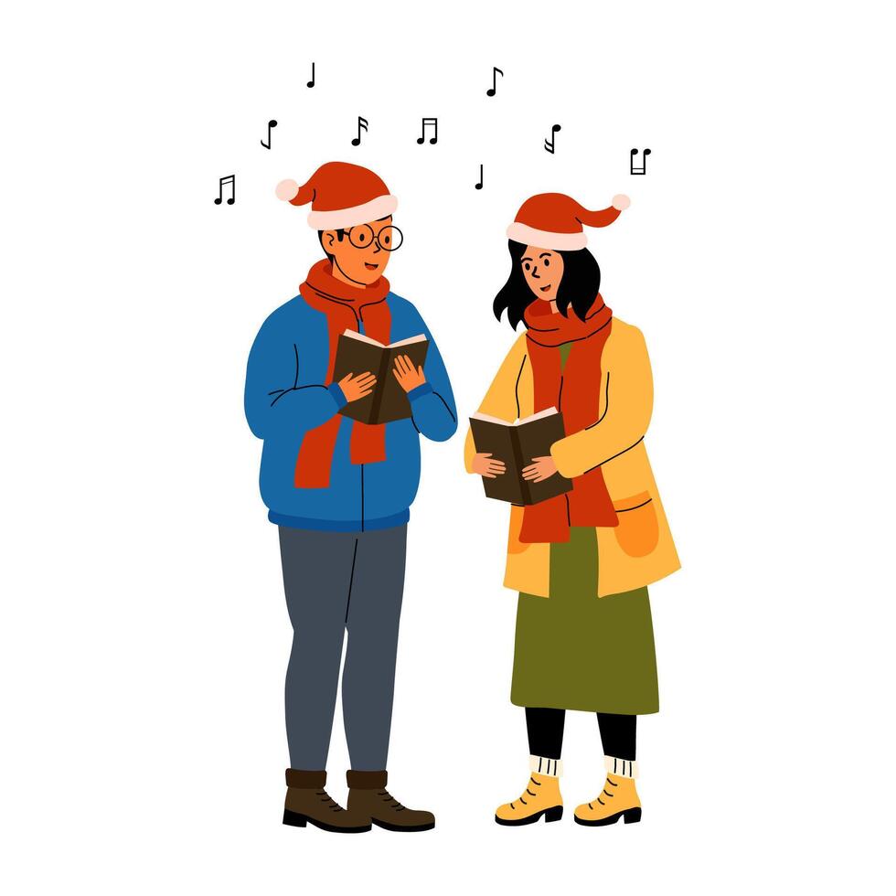 Festive couple singing holiday songs in winter attire with musical notes around them vector