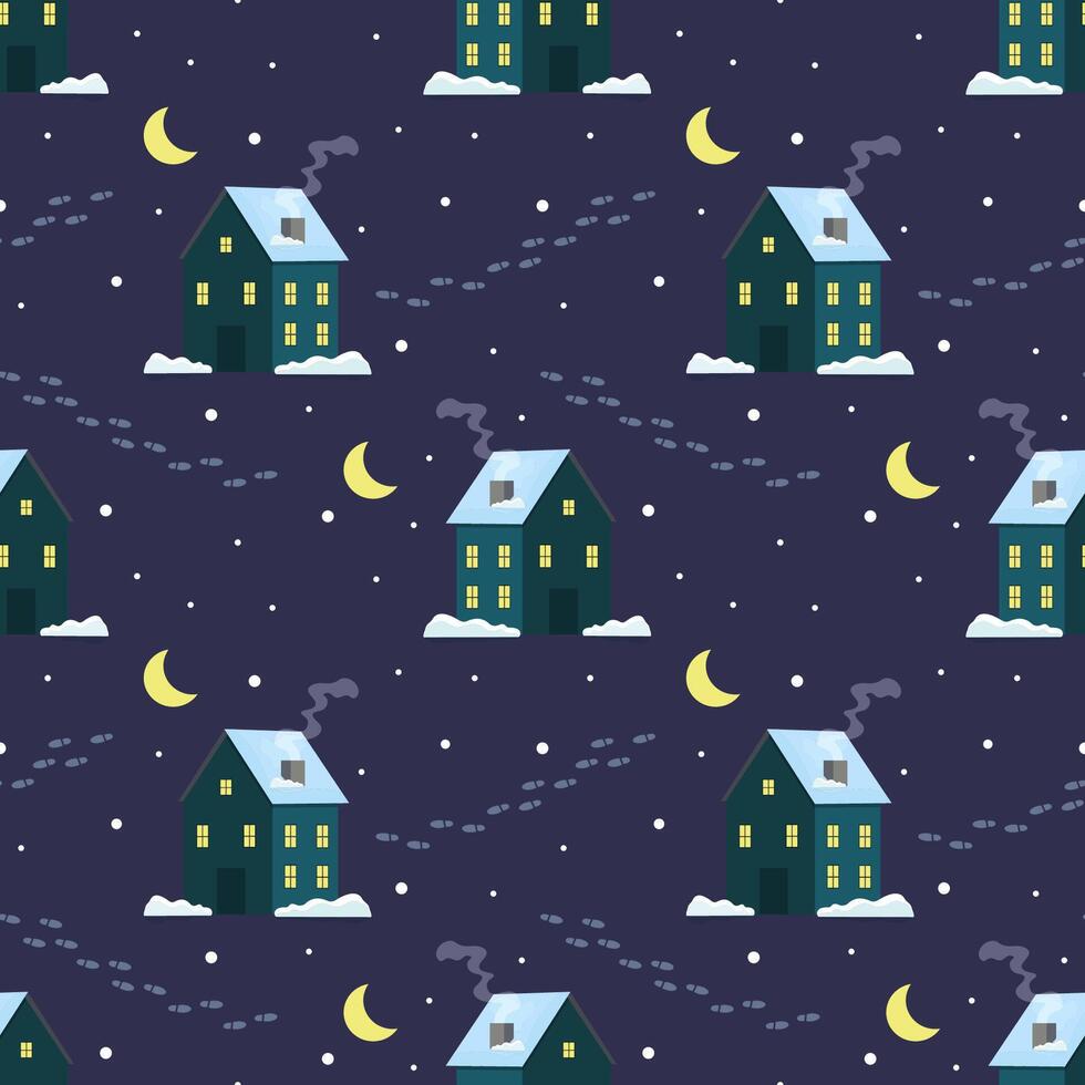 Cozy winter night with snow-covered houses and glowing windows in a starry sky vector