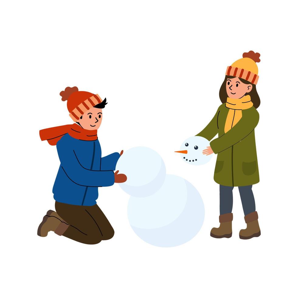 Two children joyfully building a snowman in a winter landscape on a sunny day vector