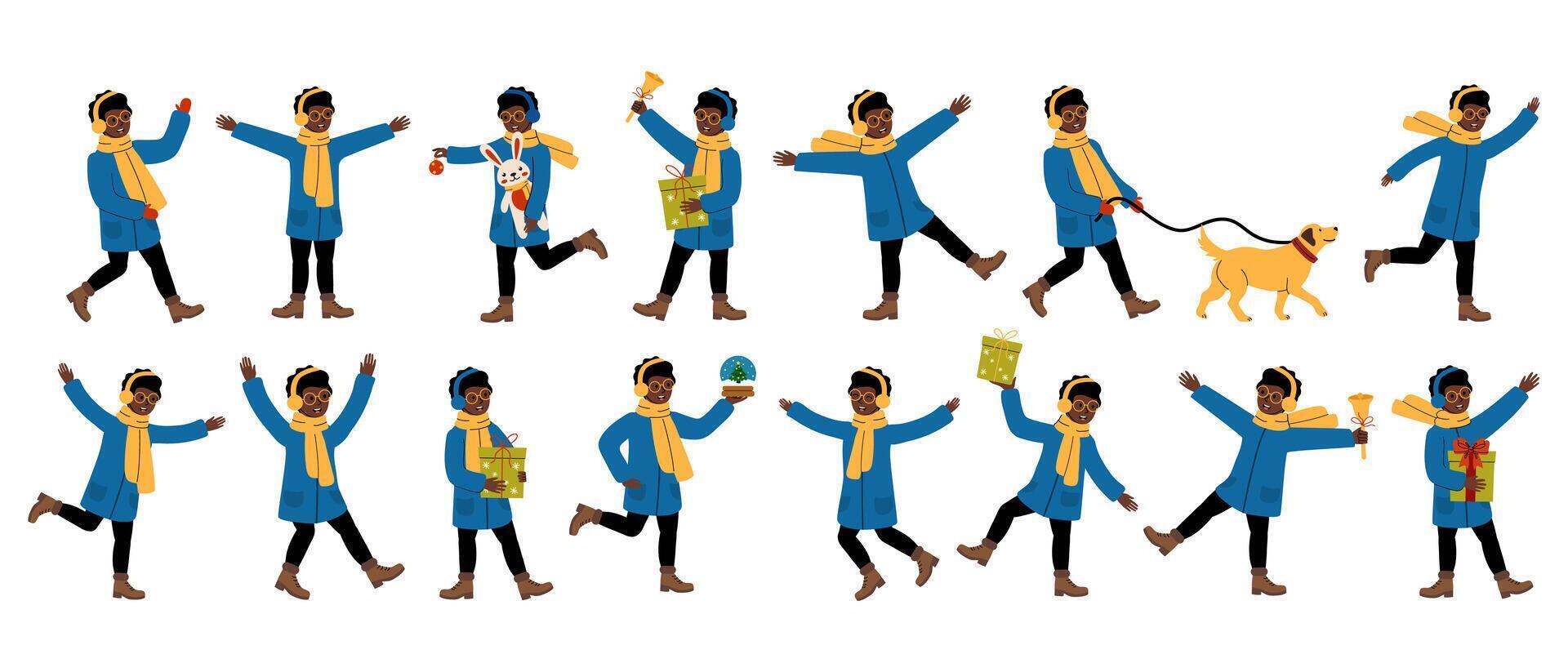 A joyful child in a blue coat and yellow scarf enjoys winter activities with a dog and festive items vector