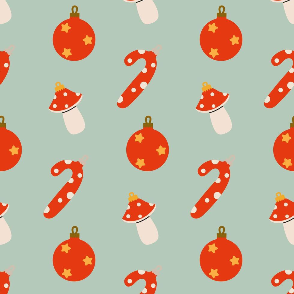 Colorful Christmas pattern featuring ornaments, candy canes, and mushrooms on a light background vector