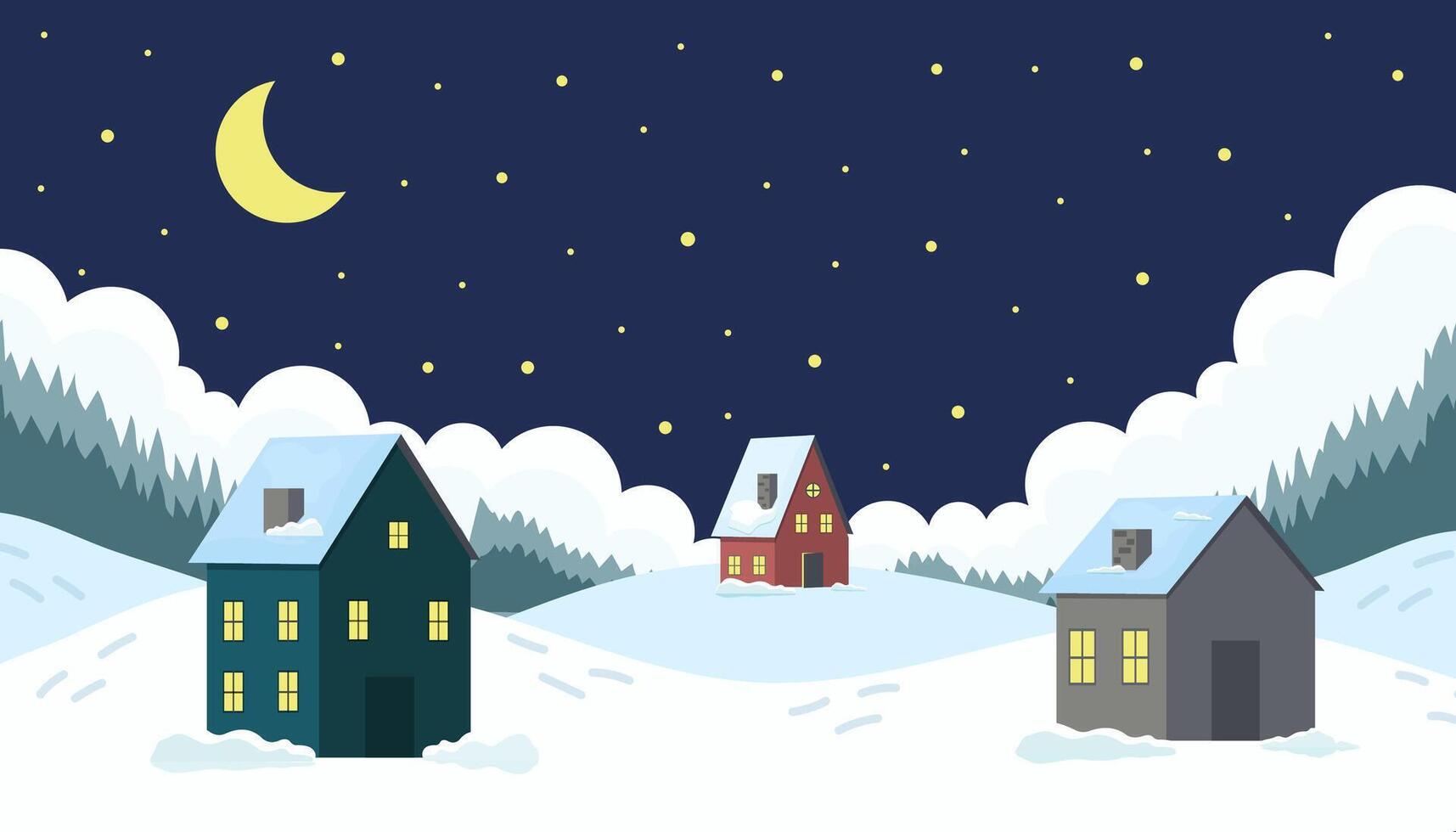 Winter night in a peaceful village with houses under a starlit sky vector