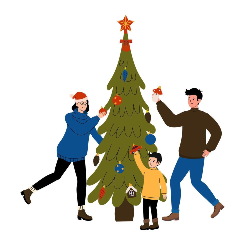 Family decorating a Christmas tree together in a warm, festive home setting vector